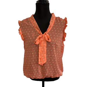 Eyelash Couture Coral Heart Print Tie Neck Blouse XL | Sleeveless Ruffle Top